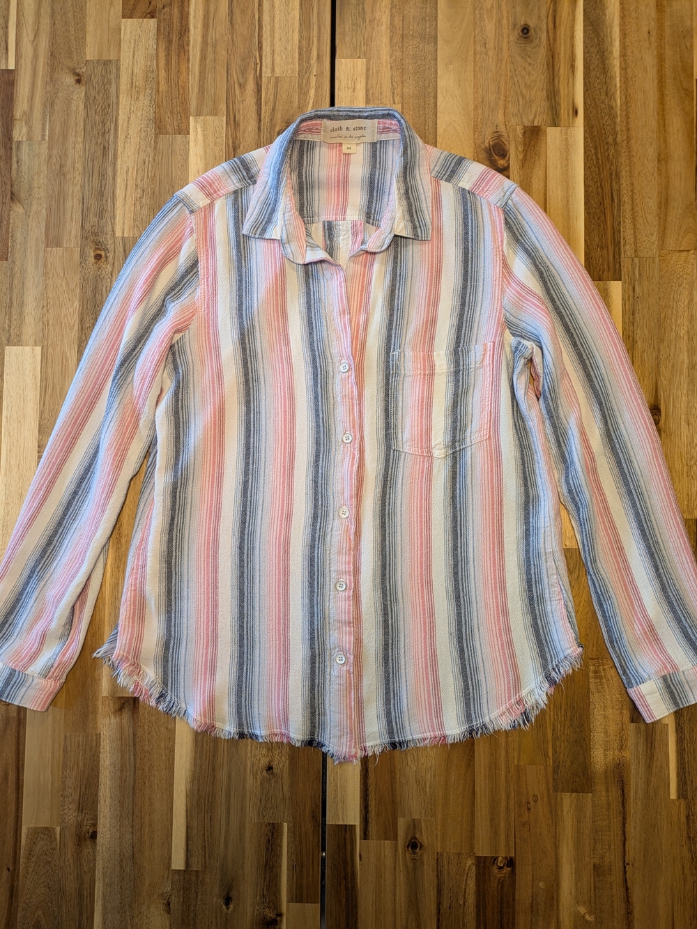 Cloth & Stone By Anthropologie Striped Button-Down Shirt Frayed Hem Sz M